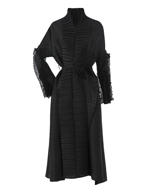 Long Sleeves Loose Tied Pleated Stand Collar Midi Dresses