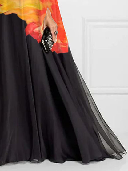 Batwing Sleeves Loose Contrast Color Printed Round-neck Maxi Dresses