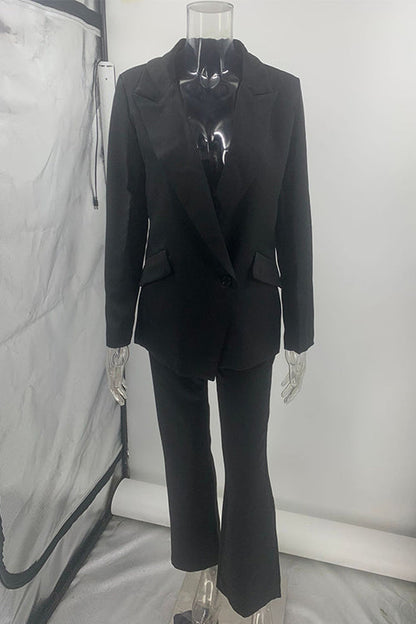 One Button Pocketed Blazer and Straight Leg Pants Power Suit Set