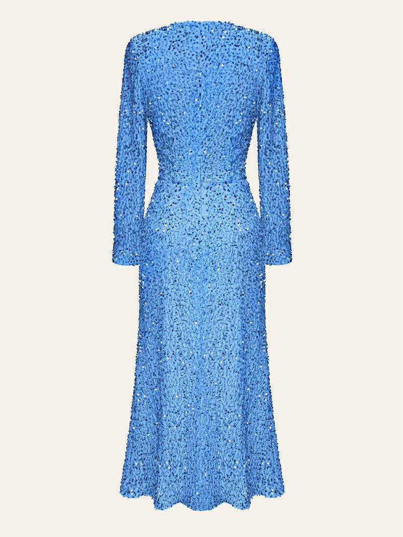 Sequin Decorated Velvet Midi Dress in Blue