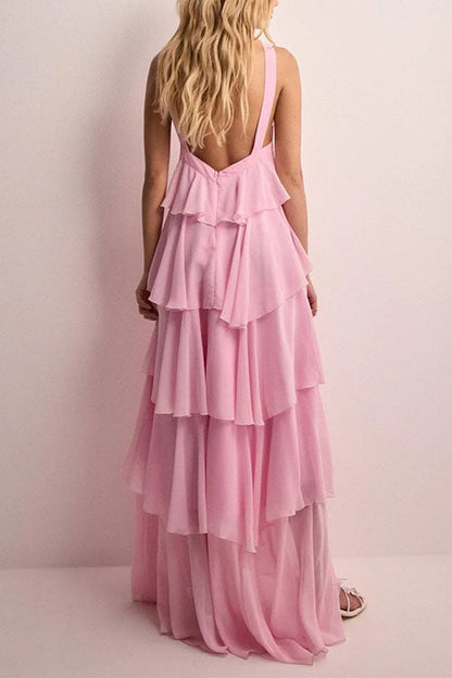Moxidress Sleeveless Open Back Ruffle Layered Maxi Dress