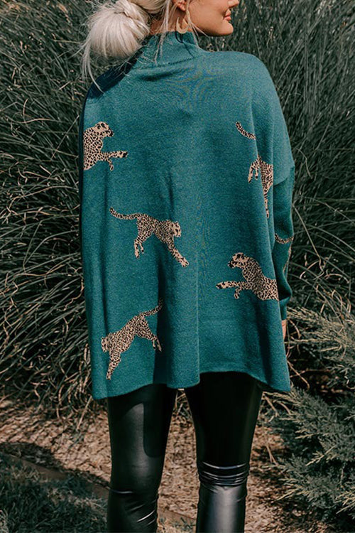High Neck Side Slit Cheetah Pattern Sweater