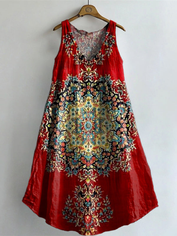 Women's Vintage Ethnic Floral Art Print V-neck Pocket Cotton Dress