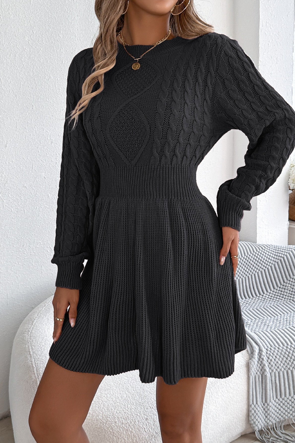 Round Neck Chunk Cable Waisted Knit Mini Dress