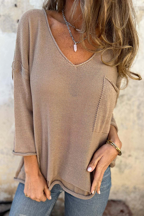 Autumn and Winter Knit V-neck Long Sleeve Pocket Sweater