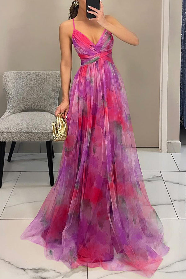 ' Summer Princess Chiffon Printed Hollow Waist and Back Lace Up Long Dress