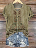 Women's Vintage Pattern Art Print V-Neck Casual T-Shirt