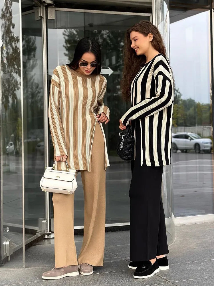 Knitted Side Slits Sweater Autumn Loose High Waist Long Pants ’s Pullover 2 Piece Suits Outfits