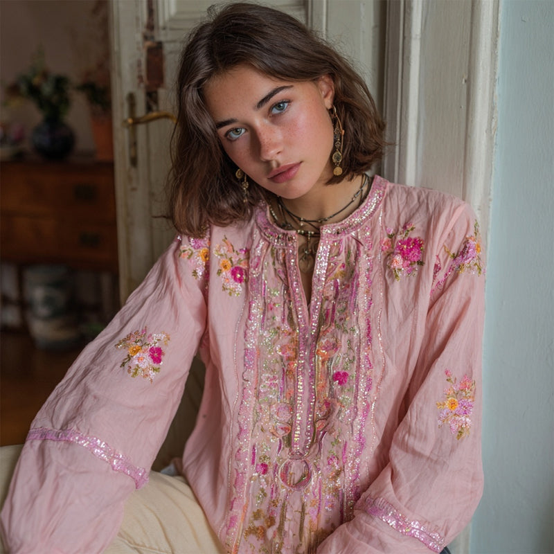 Elegant Flowers Embroidered Glitter Cozy Linen Shirt elevenforest