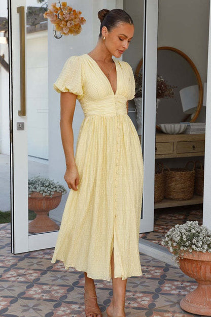 V Neck Puff Sleeve Flared Midi Dress