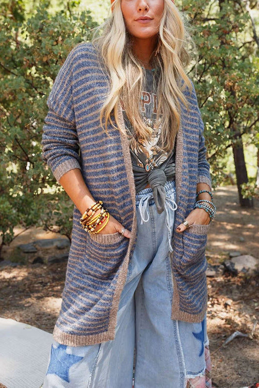 Contrast Striped Loose Long-sleeved Mid-length Knitted Cardigan