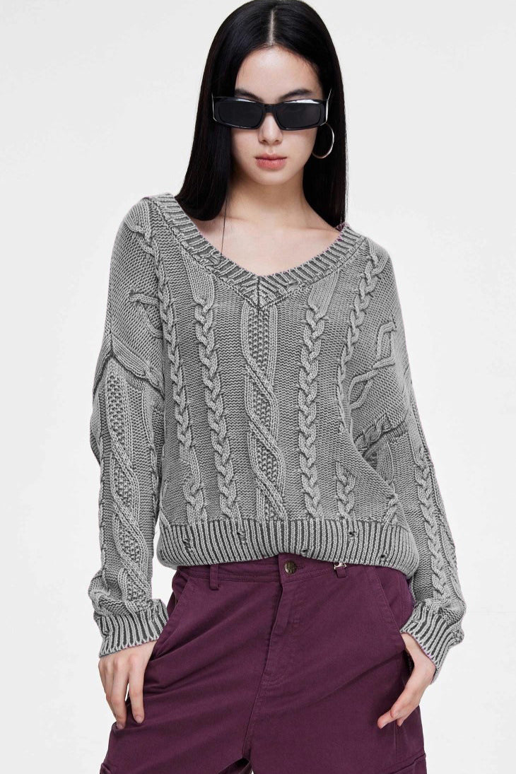 V-neck Long Sleeve Cable Knit Sweater