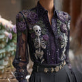 Vintage Skull Skeleton And Purple Roses Flowy Shirt elevenforest
