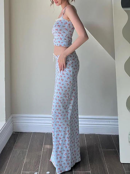 Blue Sweet Decorative Lace Two Piece Set