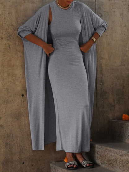 Long Sleeves Color Round-neck Inner Dress + Bodycon Outerwear Two Pieces Set