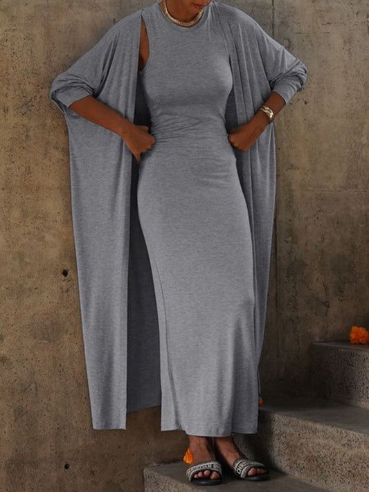 Long Sleeves Color Round-neck Inner Dress + Bodycon Outerwear Two Pieces Set