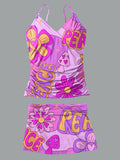 V-Neck Vintage Multicolor Hippie Peace Floral Art Print Suspender Skirt Tankini Pantskirt Set Swimsuit