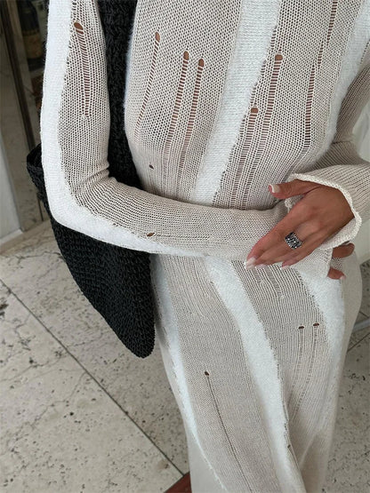 Hollow Out Knit Maxi Dress for Slim Long Sleeve Autumn Party Dress Female Knitwear Dress