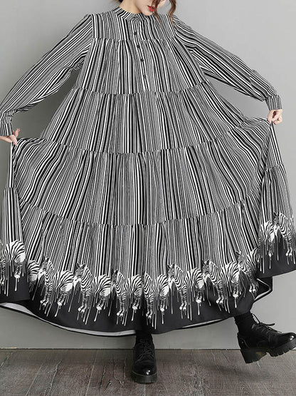 Loose Striped Buttoned Stand Collar Long Sleeves Midi Dress