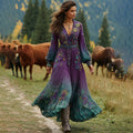 Women's Vintage Floral Embroidery Gradient Pattern V Neck Maxi Dress