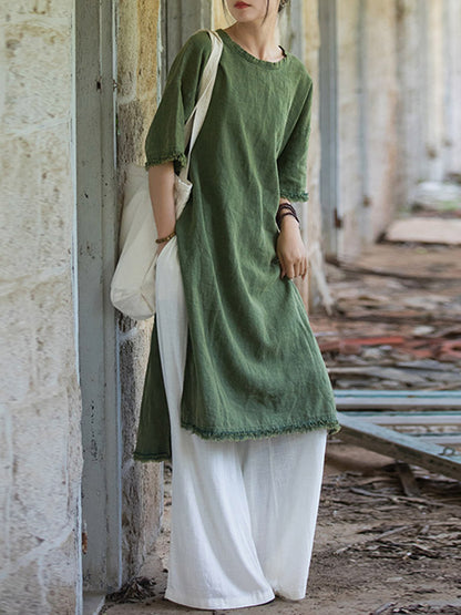 Half Sleeves High-low Fringed Color Split-joint Split-side Round-neck Midi Dresses