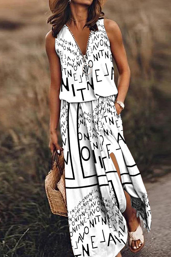 Sleeveless Long Dress Waist Zipper Letter Dress