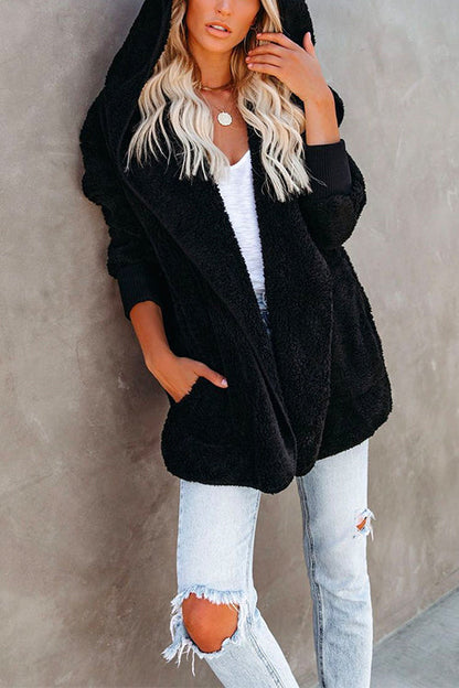 Open Front Hoodied Fuzzy Outwear With Pockets