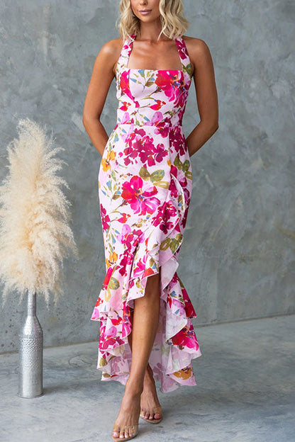 Halter Sleeveless Ruffle Hem Slit Print Maxi Dress