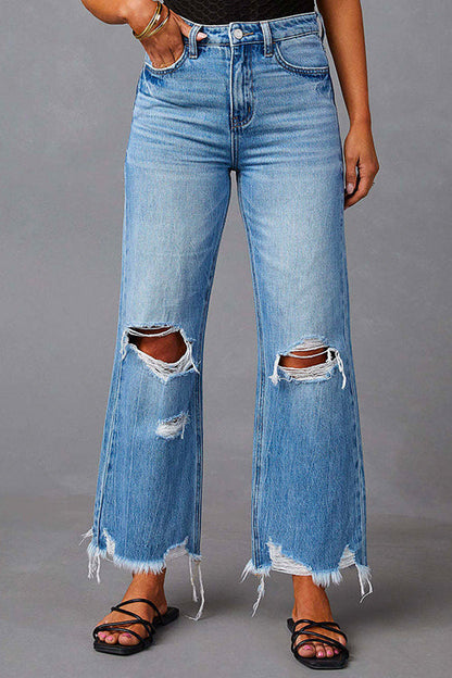 Moxidress Raw Hem Ripped Flare Bottoms Denim Pants