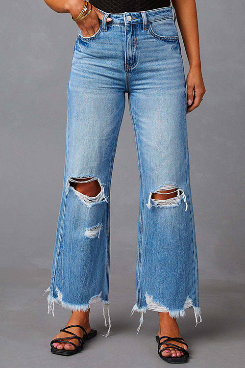 Moxidress Raw Hem Ripped Flare Bottoms Denim Pants