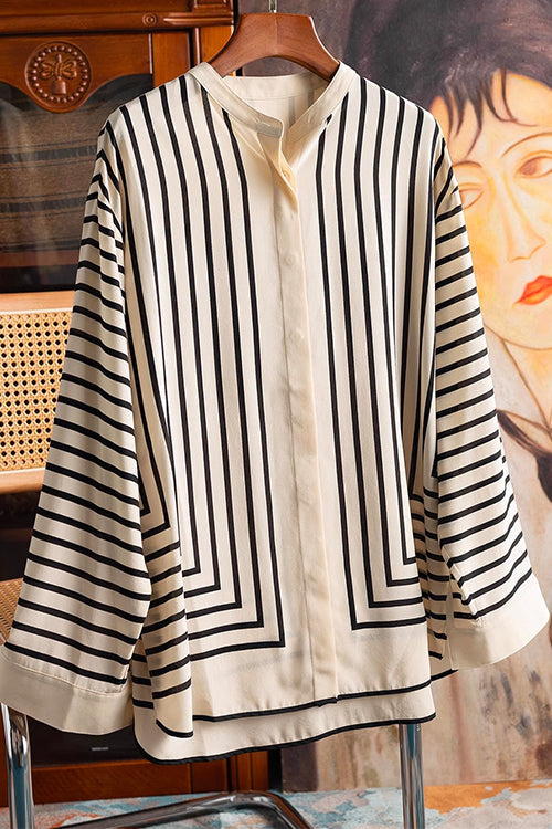 Button Up Long Sleeves Striped Silk Scarf Blouse