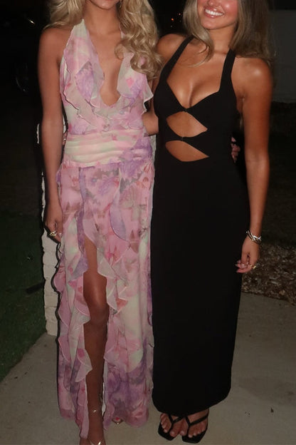 Moxidress Dreamy Ruffle Halter V Neck Slit Watercolor Maxi Dress