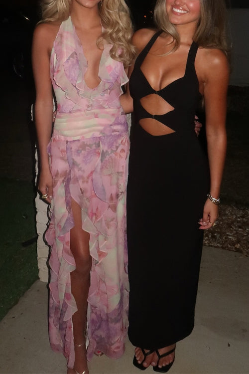 Dreamy Ruffle Halter V Neck Slit Watercolor Maxi Dress