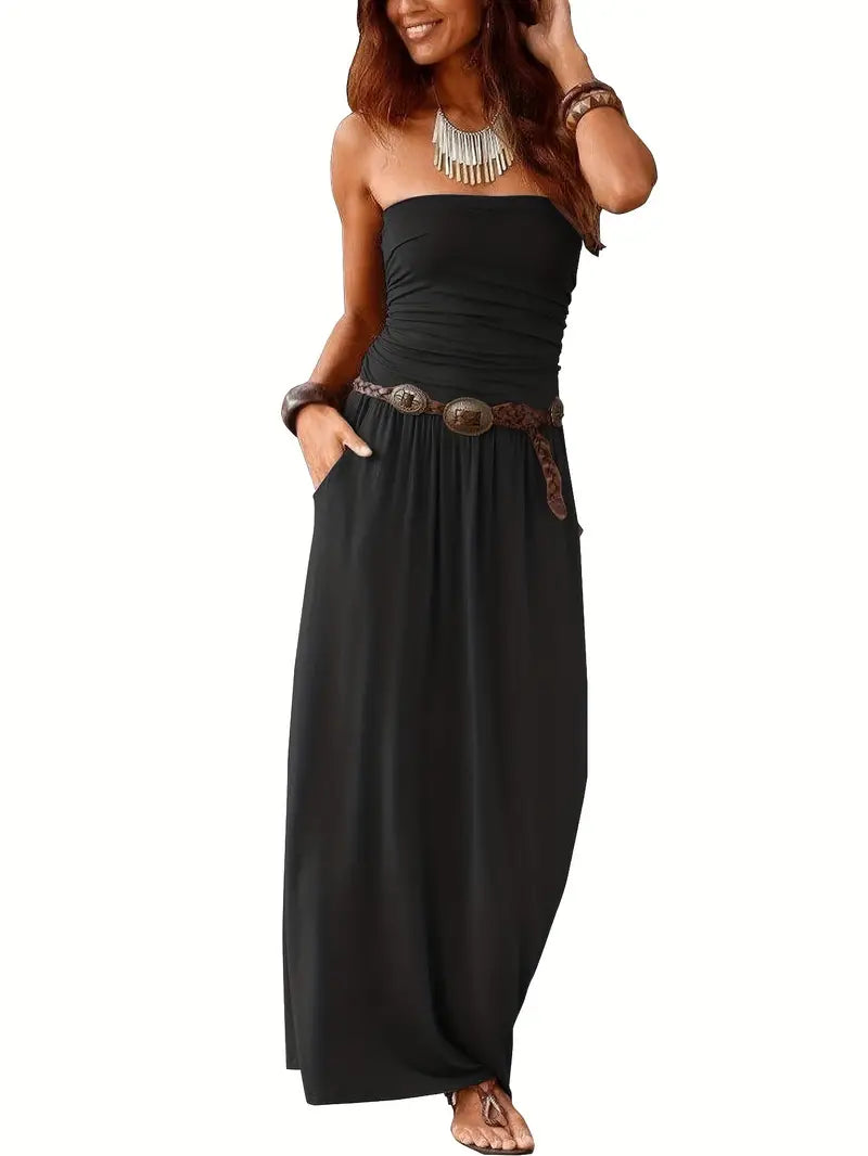 Color Versatile Strapless Maxi Dress With Pockets