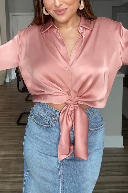 Switch Styles at Will Satin Botton Up Long Sleeve Relaxed Blouse