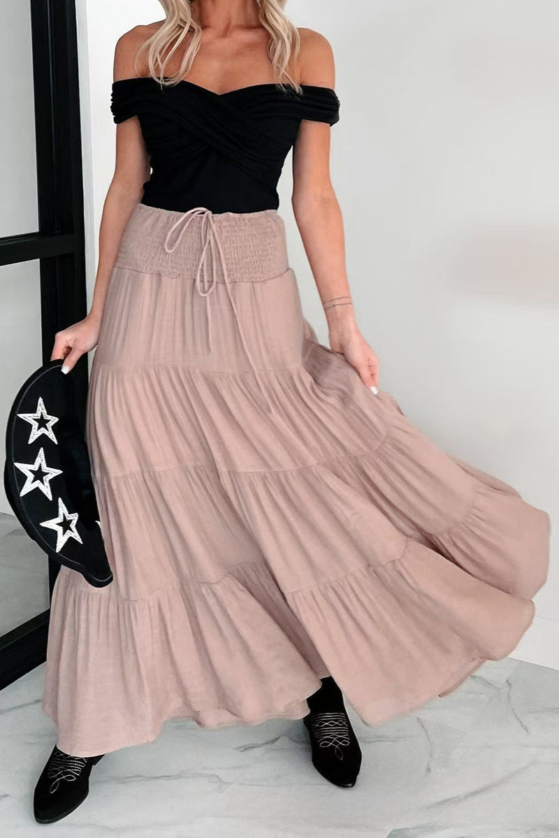 High Waisted Contrast Drawstring a Line Maxi Skirt