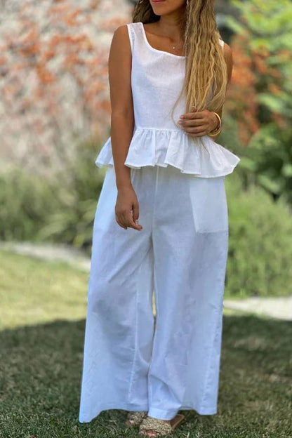 Cotton and Linen Color Sleeveless Top & Wide Leg Pants Two-piece Set