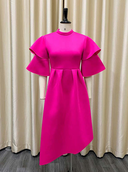 Original Loose Half Sleeves Falbala Color Round-neck Midi Dresses