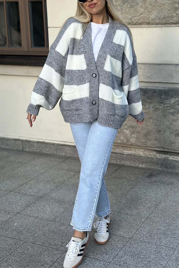 V-neck Long-sleeved Striped Pocket Knitted Cardigan