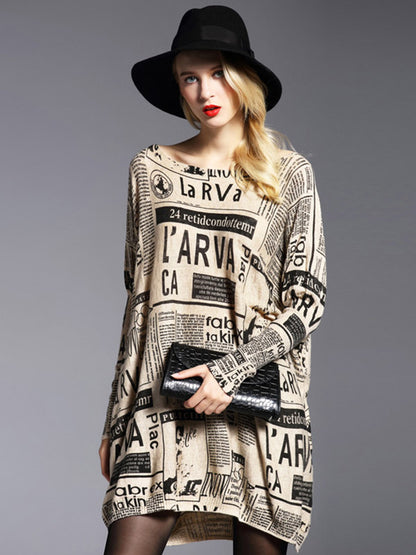 Loose One-shoulder Newspaper Printed Split-joint Sweater