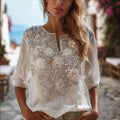 Ladies' Casual Vintage Rose Flower White Long-sleeved Shirt elevenforest