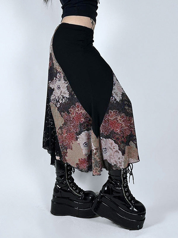 Dark Flower Print Splice Irregular Design Low Waist Midi Skirt