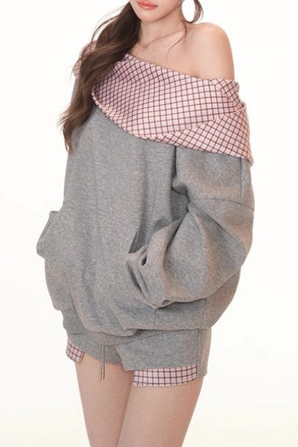 Plaid Patchworkoff-the-shoulder Oversized Two Piece Set