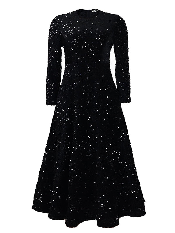 A-line High Waisted Sequined Split-joint Zipper Round-neck Maxi Dresses