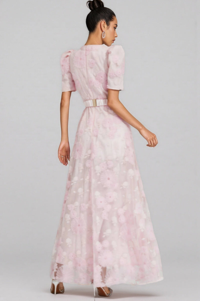 Yelen Pink Bow 3d Flower Maxi Dress