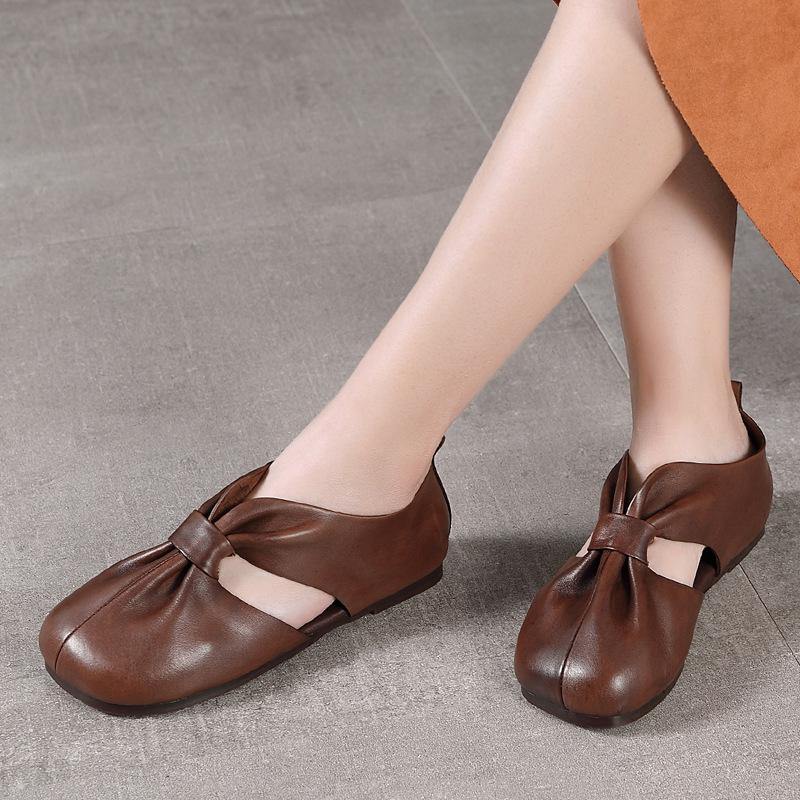 Chocolate Hollow Out Flat Feet Shoes Cowhide Leather