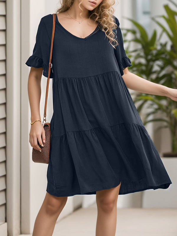 A-line Flared Sleeves Pleated Pockets Ruffled Color Split-joint Round-neck Mini Dresses