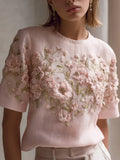Women's Retro Pink Floral Embroidery Art Print Crew Neck Short Sleeve T-shirt elevenforest