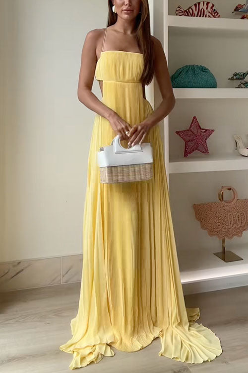Moxidress Spaghetti Strap Back Cut Out Pleated Maxi Dress