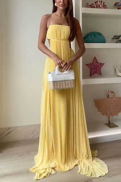 Spaghetti Strap Back Cut Out Pleated Maxi Dress